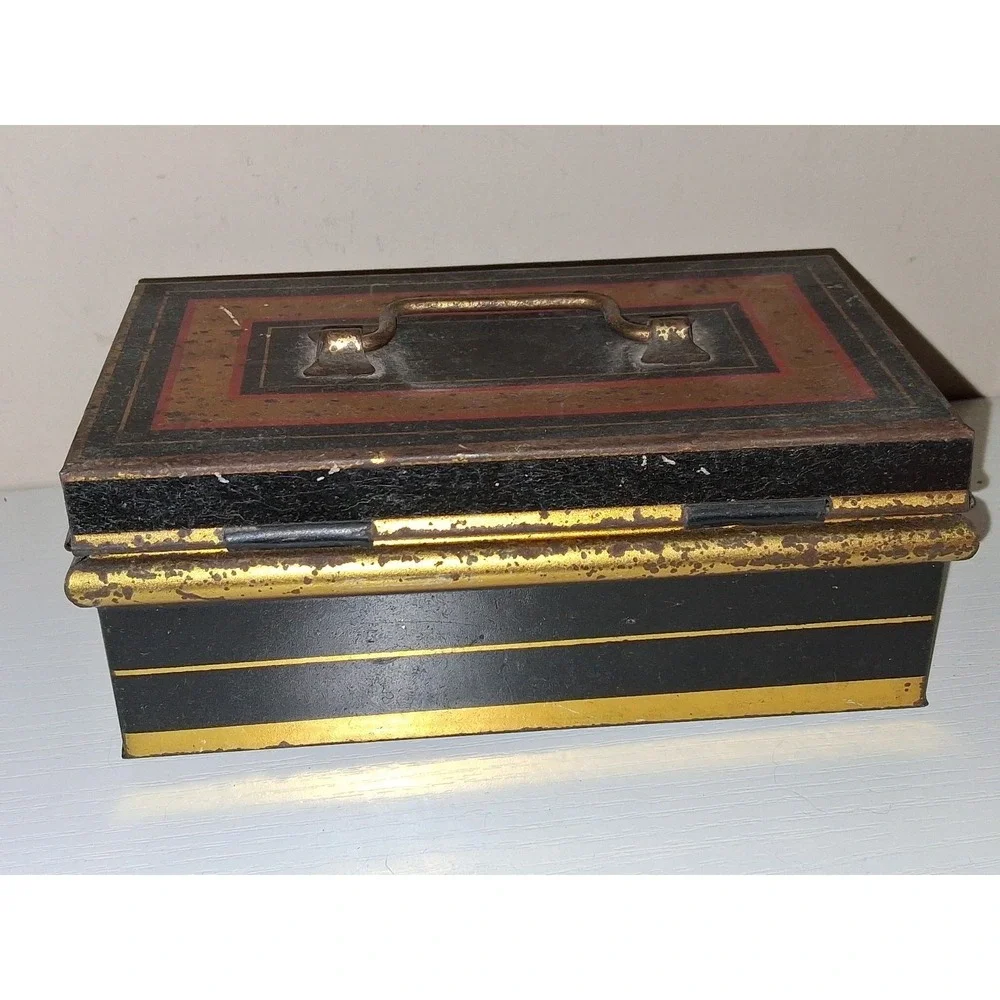 Vintage Antique English Made Tin Document Box Cash Box Black Gold Tole Style